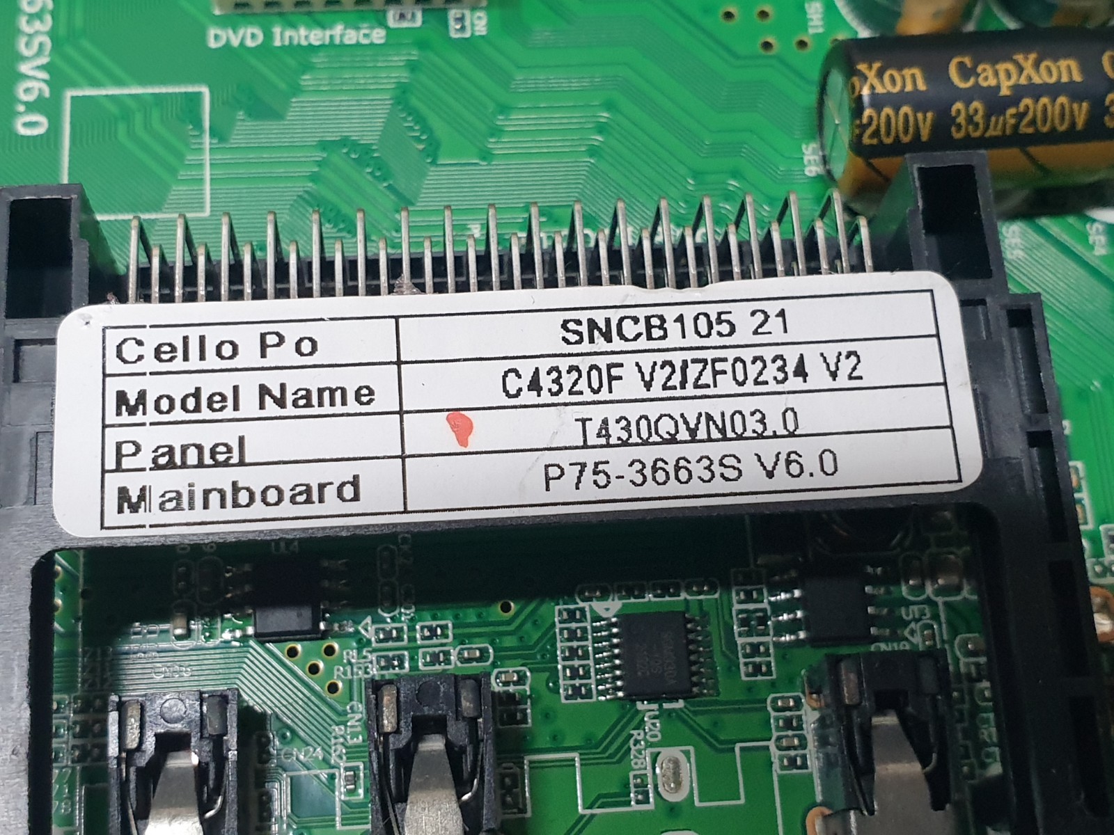 MAIN AV BOARD MB CELLO C4320F 43" LED TV P75-3663SV6.0 SCREEN:T430QVN03 - Image 3